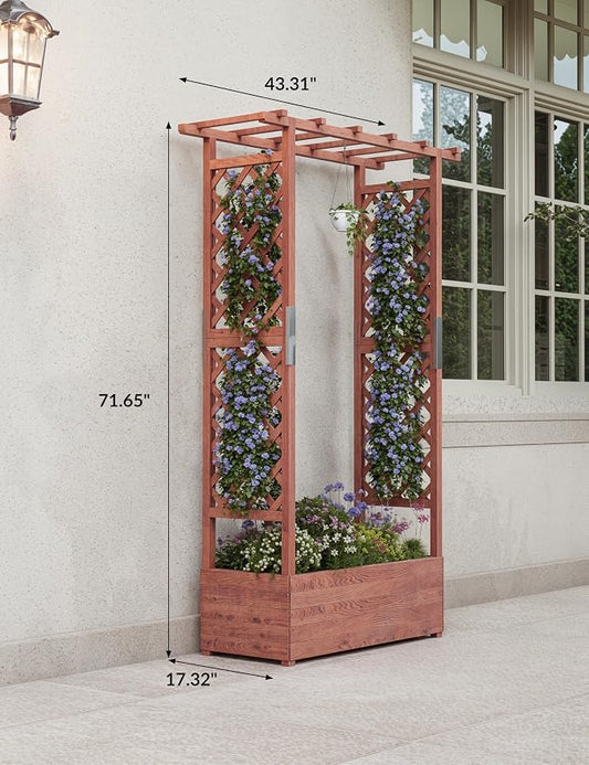 Garvee Raised Garden Bed with Trellis & Hanging Roof, Wood Planter Box with Bottom and Drainage Holes, Freestanding Garden Planter for Flower Vegetable Fruit Herb Climbing Vines, 43“x17“x72“