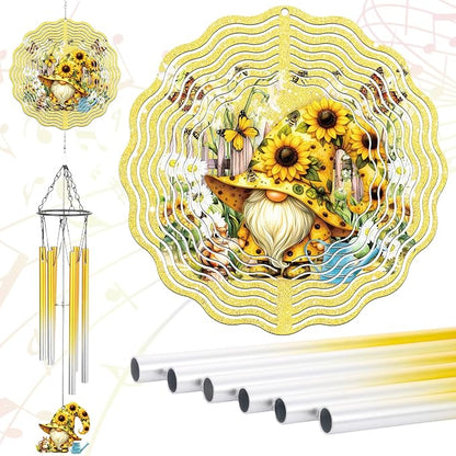 Metal Wind Chimes for Outside - Gnome Windchime with Wind Spinners | Garden Patio Lawn Balcony Decor Waterproof Sunflower 3D Art Hanging Birthday Gifts for Women Mom Grandma Wife Friends