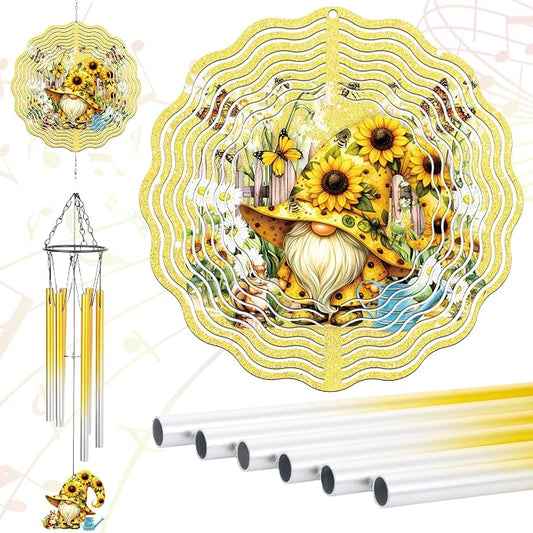 Metal Wind Chimes for Outside - Gnome Windchime with Wind Spinners | Garden Patio Lawn Balcony Decor Waterproof Sunflower 3D Art Hanging Birthday Gifts for Women Mom Grandma Wife Friends