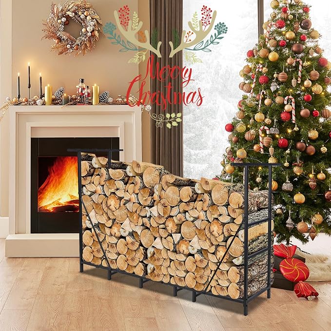 HONEST OUTFITTERS 6ft Firewood Rack Outdoor, Adjustable Heavy Duty Firewood Holder, Adjustable Wood Racks for Outdoor Indoor, Metal Log Racks for Firewood with Firewood Bag Carrier, Black