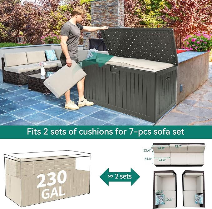 YITAHOME XXL 230 Gallon Large Deck Box | Outdoor Storage for Patio Furniture Cushions,Garden Tools with Flexible Divider,Waterproof,Lockable (Light Brown)
