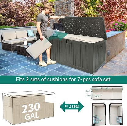YITAHOME XXL 230 Gallon Large Deck Box | Outdoor Storage for Patio Furniture Cushions,Garden Tools with Flexible Divider,Waterproof,Lockable (Light Brown)