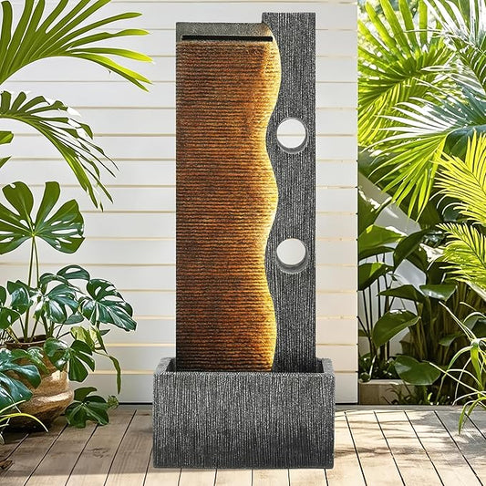 AUTODAYA 39" Modern Zen Outdoor Water Fountain LED Cascading Waterfall | Tranquil Water Feature for Patio, Garden, Deck or Porch