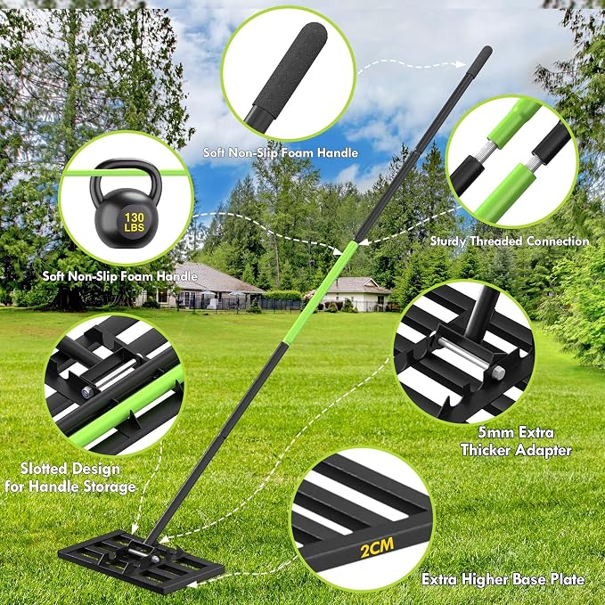 Seeutek Lawn Leveling Rake, 17” x 10” Ground Leveler | with 6.5FT Alloy Steel Handle Rakes for Lawns, 0-180° Adjustable Ground Leveler Tool for Yard, Level Soil Sand Dirt Surfaces