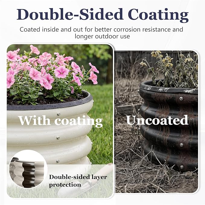 2 x 2 x 1 ft Round Raised Garden Bed, White 1 Pack 0.6 mm Thick Galvanized Steel Planter Box with Double Layer Paint and Safety Edge Trim for Vegetables Flowers Herbs Outdoor Garden