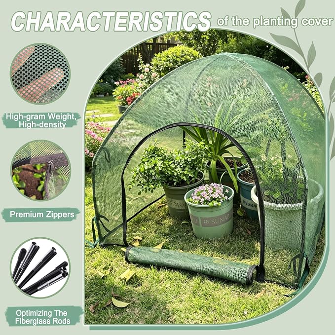 4.3*4.3*3FT Shade Mesh Plant Tent Cover 100 GSM Heavy-Duty Garden Net Cage with Fiberglass Poles & Zipper Door, Multi Sizes with Ground Stakes for Raised Bed Seedling Flower Vegetable Planting