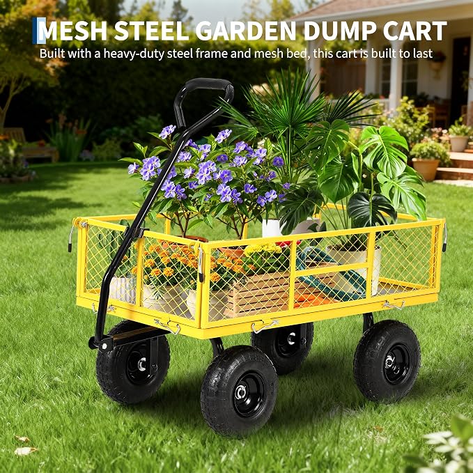 900 Lbs Heavy Duty Steel Garden Cart, Garden Wagon Cart on Wheels, Outdoor Metal Yard Utility Wagon Carts with and Mesh Removable Sides and 180°Rotating Handle,Red