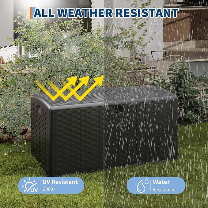IDEALHOUSE 100 Gallon Resin Deck Box, Waterproof Outdoor Storage Box with Lockable Lid & UV Resistant, Patio Furniture Cushion Storage Container for Garden, Backyard, Poolside (Black)