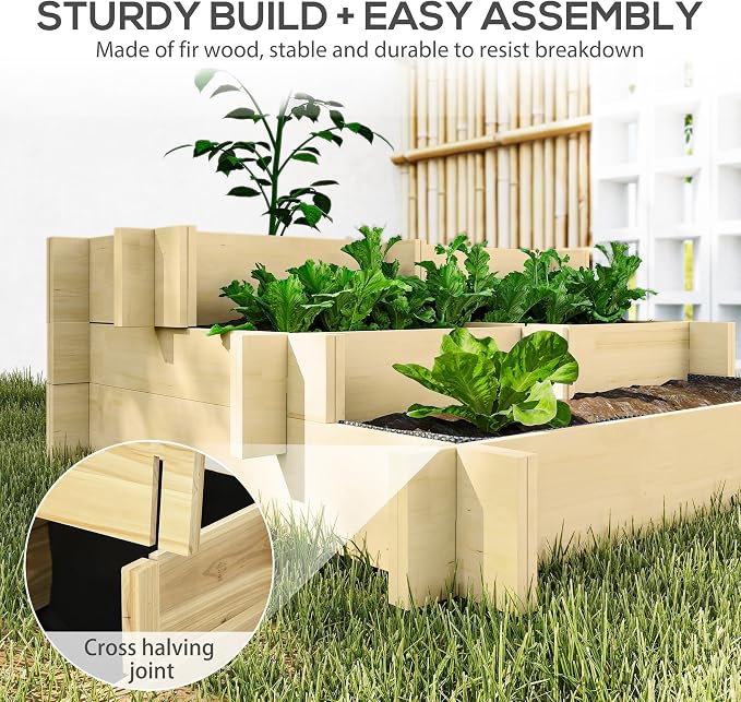 Outsunny 3-Tier Raised Garden Bed with 5 Compartments and Bed Liner, Fir Wood Elevated Planter Box, for Vegetables, Herbs, Outdoor Plants, 37 x 37 x 14in, Natural