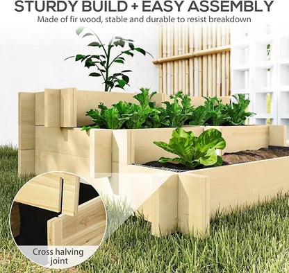 Outsunny 3-Tier Raised Garden Bed with 5 Compartments and Bed Liner, Fir Wood Elevated Planter Box, for Vegetables, Herbs, Outdoor Plants, 37 x 37 x 14in, Natural