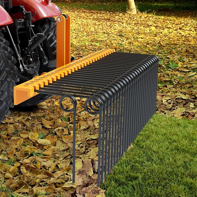 Garvee 60 Inch 3 Point Tractor Rake, Pine Straw Needle Rake | Steel Spring Landscape Rakes Durable Powder Coated Fit for Cat0,Cat1,Cat3 Tractors, Orange