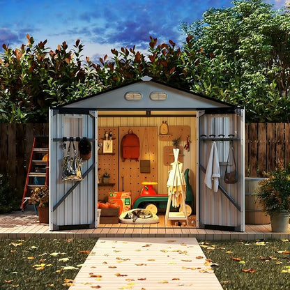 PVWIIK 8x8 ft Metal Outdoor Storage Shed with 4 Window, Lockable Waterproof All-Weather Utility Shed for Garden Tools & Trash Bins, White