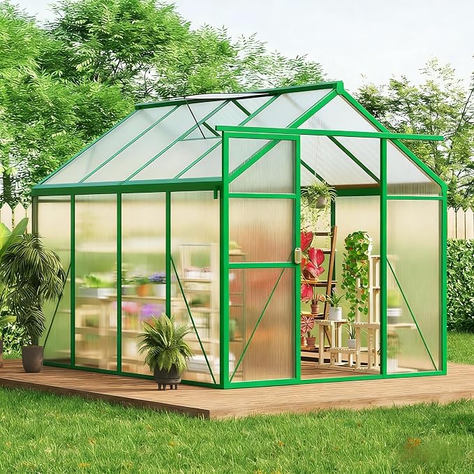 Greenhouse, 6x8 FT Greenhouse for Outdoors, Walk-in Green House with Ground Nails and Vent Windows, Sliding Lockable Door, Polycarbonate Greenhouses for Outside Garden Backyard, Quick Setup, Green