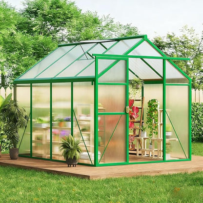 Greenhouse, 6x8 FT Greenhouse for Outdoors, Walk-in Green House with Ground Nails and Vent Windows, Sliding Lockable Door, Polycarbonate Greenhouses for Outside Garden Backyard, Quick Setup, Green