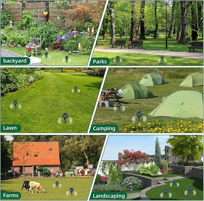 Mole Repellent Solar Powered, 4 Pack Snake & Skunk Repellent for Yard, IP 65 Waterproof Ultrasonic Deterrent Stakes, Get Rid of Rabbit, Gopher, Vole, Chipmunk, Deer, Groundhog for Lawns Garden
