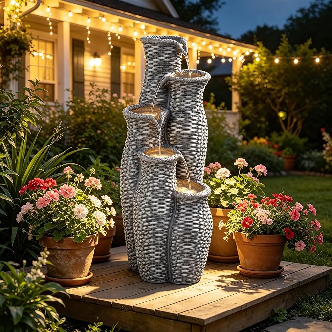 Autodaya 5-Tier Faux Rattan Outdoor Water Fountain & Waterfalls with Lights | Unique Natural Vase Water Feature With Cascading Soothing White Noise, Tranquil Oasis For Garden, Patio, Yard, Or Porch Decor