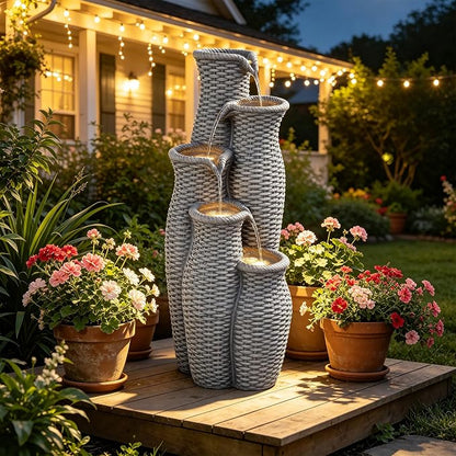 Autodaya 5-Tier Faux Rattan Outdoor Water Fountain & Waterfalls with Lights | Unique Natural Vase Water Feature With Cascading Soothing White Noise, Tranquil Oasis For Garden, Patio, Yard, Or Porch Decor