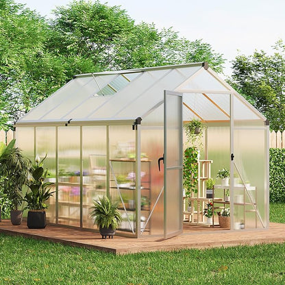 Greenhouse, 6x10 Ft Outdoor Greenhouses, Greenhouse Kit, Portablee Greenhouses with Ground Nails and Vent Windows, Sliding Lockable Door, Polycarbonate Green House for Outside Garden Backyard, White