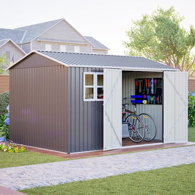 YOPTO 10x8 FT Large Outdoor Storage Shed with Window, 2 Lockable Doors & Sloped Roof, Heavy Duty Metal Tool Shed for Garden, Patio, Backyard, Lawn, Dark Gray
