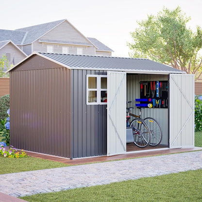 YOPTO 10x8 FT Large Outdoor Storage Shed with Window, 2 Lockable Doors & Sloped Roof, Heavy Duty Metal Tool Shed for Garden, Patio, Backyard, Lawn, Dark Gray