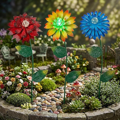 14 Inch Glow in The Dark Flower Garden Stakes, 3 Pack Colorful Metal Yard Decor with Luminous Beads, Outdoor Night Glow Garden Stakes for Lawn, Patio & Flower Beds