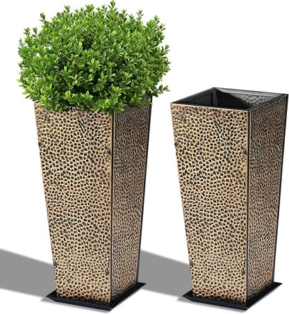 BAYN 2-Pack 24" Tall Metal Planter – Hand-Hammered Textured Large Copper Flower Pots Box with Saucer for Outdoor&Indoor, Garden, Porch, Patio, Yard with Pre-Drilled Drainage Holes