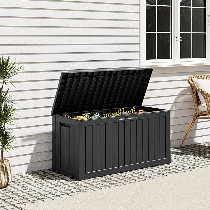 Outdoor Storage Box, Resin Deck Boxes Indoor and outdoor, Waterproof Storage Box Lockable Lid (Black, 85 Gallon)