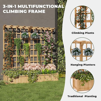 Two-Tier Wooden Planter Box with Trellis, Elevated Raised Garden Bed for Flowers and Vegetables, 1.4 Ft Deep Pot with Roof & Drainage