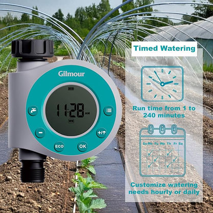 Gilmour Single Outlet Water Timer for Garden Hose, Programmable Automatic Watering System, LCD Screen, Rain Delay, Battery Operated