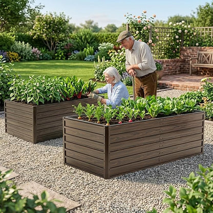 Galvanized Raised Garden Beds 6x3x2FT Outdoor Planter Boxes with Safety Edging and Gloves Metal Garden Bed Kit for Vegetables Flower and Fruits (Brown Wood Grain