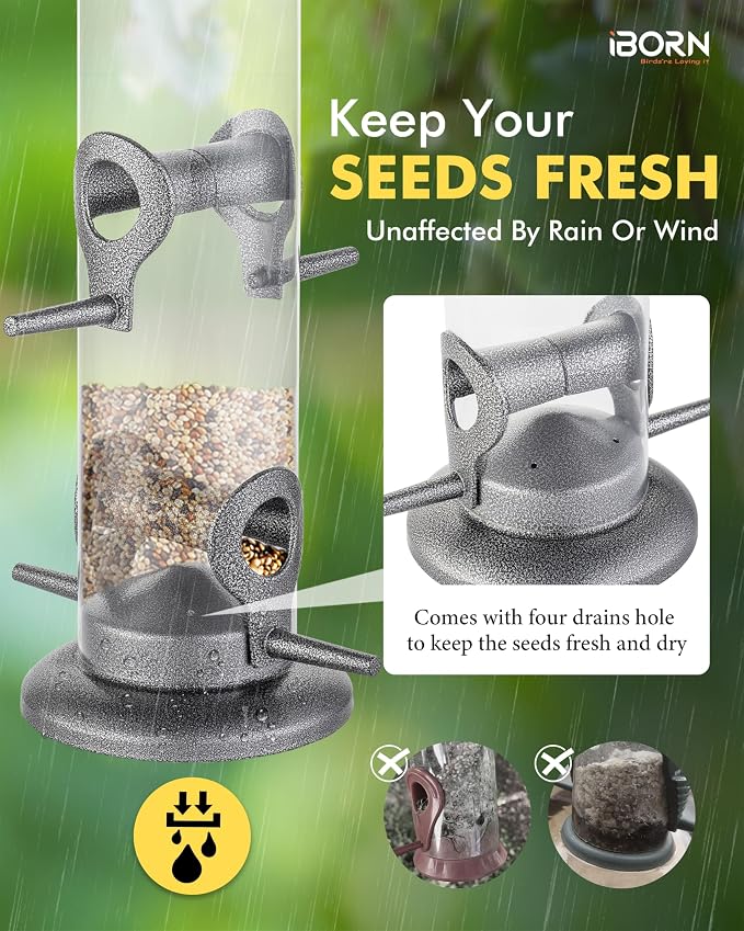 iBorn Metal Bird Feeder Hanging Wild Bird Seed Feeder for Mix Seed Blends Heavy Duty All Metal Silver Finish,15 Inch 6 Port(Seed is not Included),Gift Box