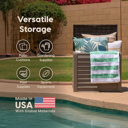 IRIS USA 35-Gallon Outdoor Deck Storage Box, Lockable & UV-Protected, Weather-Resistant Patio Storage for Cushions, Garden Tools & Packages, Waterproof Resin, Durable & Stylish Design - Brown