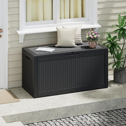 NUNU LAB 100 Gallon Large Waterproof Resin Deck Box, Lockable Outdoor Storage Box with Gas Lift, Patio Cushions, Garden Tools, Pool Supplies, Indoor Outdoor Storage Container, Black