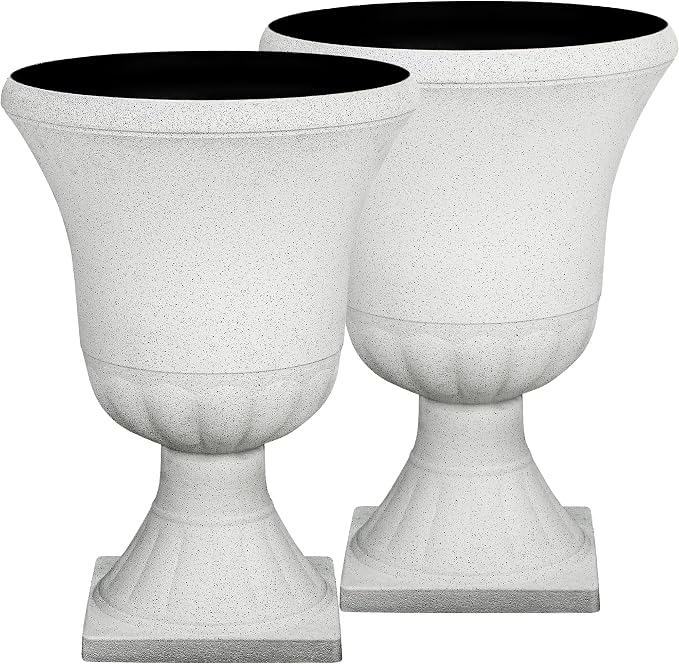 2-Pack 22" White Terrazzo Plastic Urn Planters with Drainage Holes | Set of 2 PP urn planters with white terrazzo finish, drainage plugs, UV-treated surface, and KD base for porch or patio