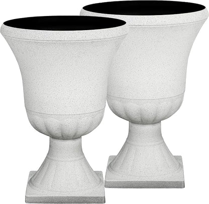 2-Pack 22" White Terrazzo Plastic Urn Planters with Drainage Holes | Set of 2 PP urn planters with white terrazzo finish, drainage plugs, UV-treated surface, and KD base for porch or patio