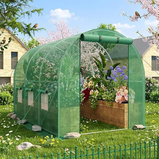 Superlele Heavy Duty Walk-in Greenhouse for Outdoor, 10x6.6x6.6FT Large Garden Green House with Reinforced PE Mesh Cover, 6 Roll-up Windows with Screen, 8 Ground Stakes and Ropes, Green