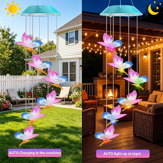 Toodour Solar Wind Chime, Color Changing LED Swaying Butterfly Wind Chimes, Upgrade Butterfly with Fluttering Wings, Waterproof Solar Outdoor Light Decor for Garden Window Patio, Gift for Mom Grandma