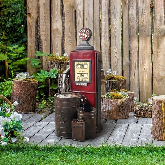 Peaktop Teamson Home Vintage Gas Station Statue 3 Tiered Floor Waterfall Fountain with Pump for Outdoor Patio Garden Backyard Decking, 42 Inch Height, Dark Red | Statue Design, 42 Inch Height, Includes Pump, For Outdoor Patio Garden Backyard Decking