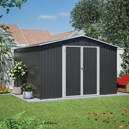 YOPTO 10x10 FT Outdoor Storage Shed,Large Metal Tool Sheds with Updated Frame Structure and Lockable Doors, Garden Shed for Backyard Patio Lawn, Black