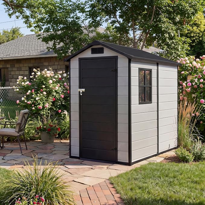 4x6 ft Outdoor Resin Storage Shed with Floor, Lockable Door & Window, Sloping Roof, Plastic Outdoor Sheds with Floor Garden Shed for Backyard Patio Lawn Mower Bike Tool Storage