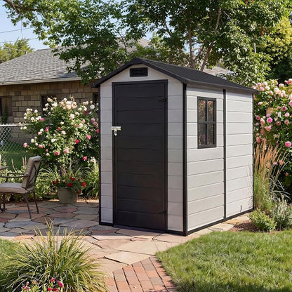 4x6 ft Outdoor Resin Storage Shed with Floor, Lockable Door & Window, Sloping Roof, Plastic Outdoor Sheds with Floor Garden Shed for Backyard Patio Lawn Mower Bike Tool Storage