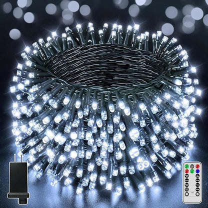 BrightChristmas 1000 LED 328 FT Outdoor String Lights with Remote and Timer, Dimmable with 8 Modes, Waterproof, Cool White Fairy Lights for Christmas Tree & Holiday Decor