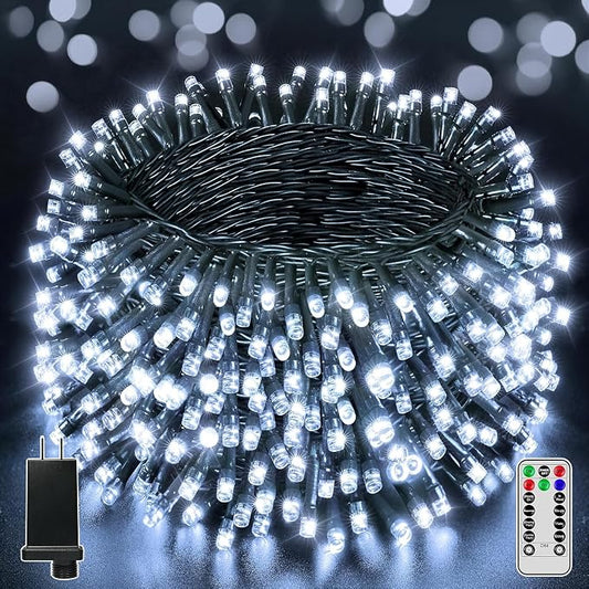 BrightChristmas 1000 LED 328 FT Outdoor String Lights with Remote and Timer, Dimmable with 8 Modes, Waterproof, Cool White Fairy Lights for Christmas Tree & Holiday Decor