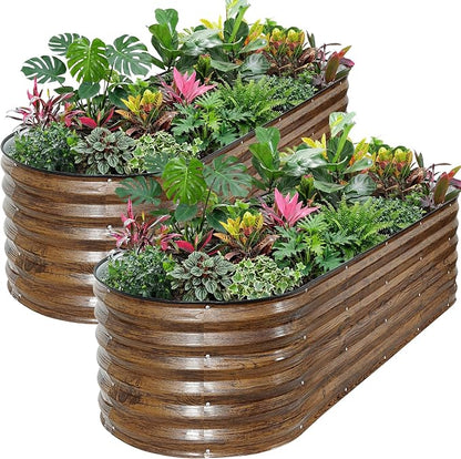Galvanized Raised Garden Bed Outdoor- 2PCS 6x2x1.4ft Oval Steel Raised Beds for Gardening, Metal Planter Box with Protective Strip and Gloves for Vegetables, Flowers, Fruits(Brown)