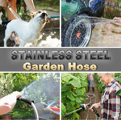 TheFitLife Flexible Metal Garden Hose - Upgrade Leak and Fray Resistant Design, Stainless Steel Water Hose with Solid Fittings and Sprayer Nozzle, Lightweight Kink Free Durable Easy Storage (75 FT)