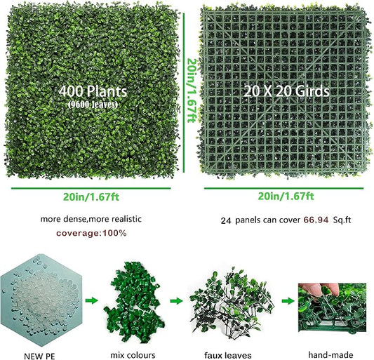 Bybeton 24pk 20x20(66.7sqft) Boxwood Grass Wall UV-Anti Privacy Fence | 24pk 66.7sqft Dense Boxwood Wall. UV-Anti & Fire Retardant. Easy DIY Snap-Lock. For Fence, Balcony, Garden & Backdrop.