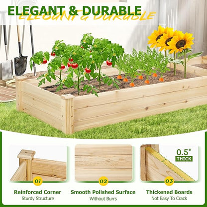 8FT Wooden Raised Garden Bed - Elevated Planter Box for Vegetables, Flowers - Natural Outdoor Planting Kit for Patio, Yard, Backyard