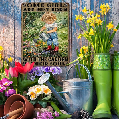 PEACHGARDEN Garden Vintage Tin Sign Little Girl Gardening Some Girls are Just Born with The Garden in Their SoulsMetal Tin Sign Retro Plaque Kitchen Poster Man cave 12x16inch