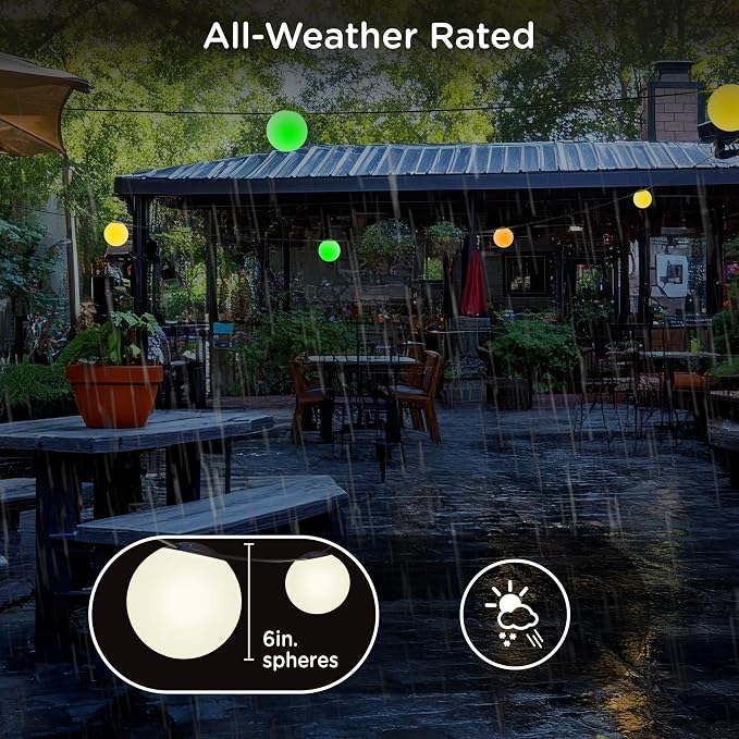 Enbrighten Vibe Sphere Outdoor String Lights, 57ft, 12 RGBWIC Bulbs, 6in Extra Large Spheres, Waterproof, Patio, Backyard, Gameday, Holiday, Smart App, Compatible with Alexa, Google Home, 85976