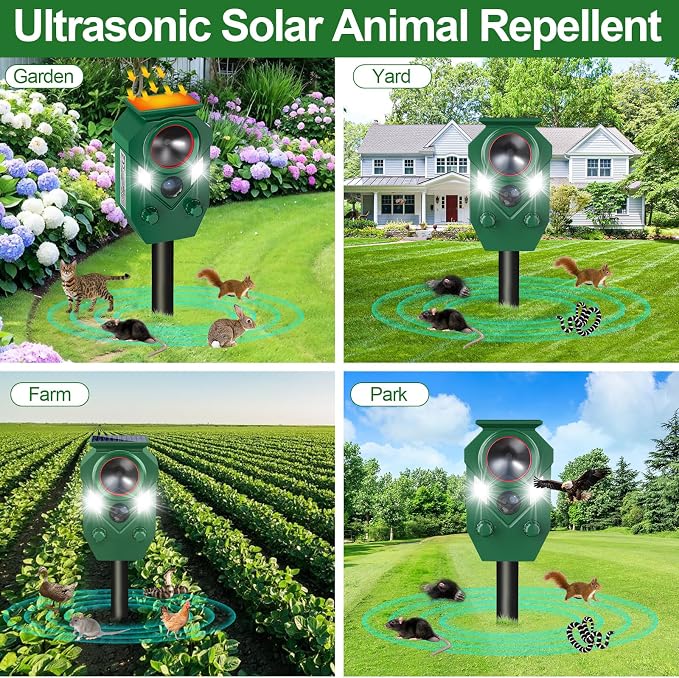 Solar Animal Repellent,Cat Dog Repellent Outdoor,Solar Animal Repeller with Motion Sensor,Waterproof Rabbit Repeller with Flahing Light for Yard Skunks,Raccoon Birds Squirrels Deer-4 Pack